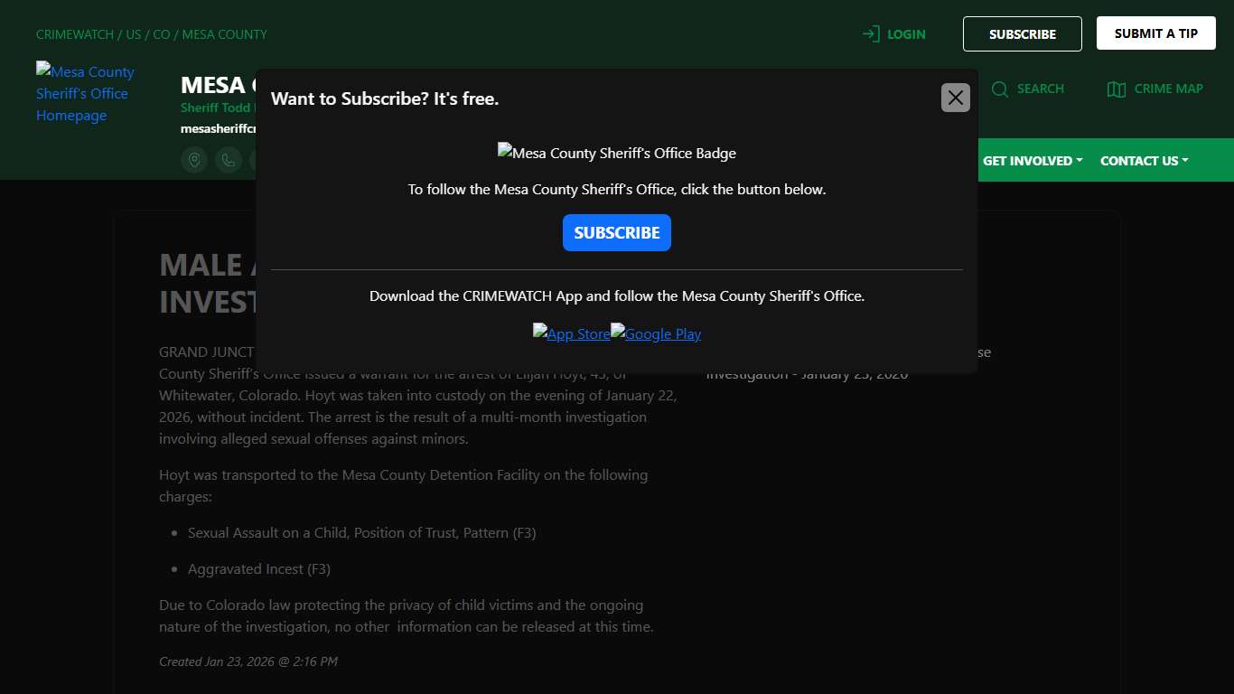 Male Arrested Following Child Sex Offense Investigation Mesa County Sheriff's Office
